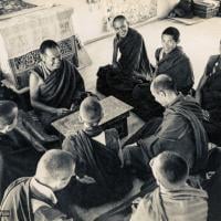 (15484_pr.psd) Lama Yeshe, Lama Zopa Rinpoche, Lama Lhundrup, and Lama Pasang with new monastics including Nick Ribush and Yeshe Khadro (Marie Obst) in the gompa (shrineroom) at Kopan Monastery, Nepal, 1974.