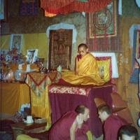 (15592_pr.tif) Lama Zopa Rinpoche teaching. Photo from the 8th Meditation Course at Kopan Monastery, Nepal, 1975. In the foreground is Nick Ribush, Marcel Bertels, and Stefano Piovella.