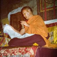 (15596_pr.tif) Lama Yeshe teaching and doing puja. Photo from the 8th Meditation Course at Kopan Monastery, Nepal, 1975.