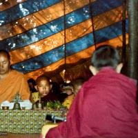 (15597_pr-2.psd) Lama Yeshe doing puja. Next to Lama Yeshe is Gelek Gyatso. Photo from the 8th Meditation Course at Kopan Monastery, Nepal, 1975.