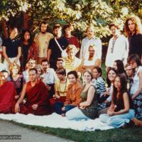 (15838_pr.psd) Group photo from the Fair Lawn New Jersey course including Lama Yeshe, Lama Zopa Rinpoche, Vicki Brown, Alex Berzin, Jeff Nye, among others. New Jersey, August 1974.