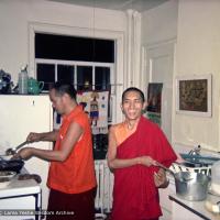 (15845_ng.psd) Lama Yeshe in the kitchen with Lama Zopa Rinpoche, New York City, 1974. In July 1974, the lamas and Mummy Max arrived in New York City to begin the first international teaching tour. They stayed at the apartment of Lynda Millspaugh on the Upper West side of Manhattan.