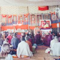 (15856_ng.tif) Lama Zopa Rinpoche teaching in the tent, Kopan Monastery, Nepal, 1974. For the Seventh Meditation Course a huge Indian wedding tent replaced the dusty burlap-walled tent.