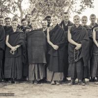 (15858_ng.JPG) International Mahayana Institute monks and nuns with some lay friends, Kopan 1974. From left to right: Nick Ribush, Bonnie Rothenburg, Nicole Couture, Tubten Pende (back), Thubten Wongmo, Thubten Chokey, John Feuille, Suzanne Lee (Jampa Chozom),  Yeshe Khadro, Yogi, Steve Pearl (Malasky), Ngawang Khedup, Ngawang Chotak (Chris Kolb), Thubten Pemo, Marcel Bertles, and Sangye Khadro (Kathleen McDonald).