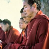 (15865_sl.tif) Lama Yeshe and Lama Zopa Rinpoche meditating with Mount Everest Center students, Kopan Monastery, Nepal, 1974.