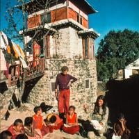 (15866_sl.psd) Westerners teaching the Mount Everest Center students at the foot of Steve's Tower, possibly 1974. An American student, Steve Malasky (Now Steve Pearl), built a Tibetan tower at one end of the Kopan land which came to be known as "Steve's Tower". Kopan Monastery, Nepal, 1974