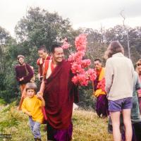 (15870_sl.tif) On the last day of the first Australian course, September 28, 1974, everyone made a ceremonial pilgrimage to the Eudlo land which had been donated to the lamas. The lamas, accompanied by their guest, Phra Kantipalo, an English monk ordained in the Thai Buddhist tradition, led an intense puja and named the new center Chenrezig Institute for Wisdom Culture.