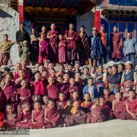 (15881_sl.tif) Lama Yeshe with the Mount Everest Center students at Lawudo Retreat Center, Nepal, October, 1973. Wim, the Dutch artist who painted murals at Tushita is standing in back row, a tall fellow with glasses a bit to the right of Lama Yeshe. Also in that row is Jampa Chökyi (Helly, Jamyang Wangmo) who is at the left, next to Rinpoche's sister Ngawang Samten.