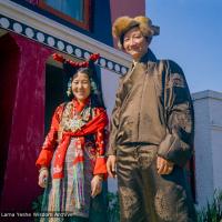 (15893_ng.tif) Jampa Trinley with his wife, 1975. Kelsang Puntsog Rinpoche, the son of Lama Yeshe's old friend Jampa Trinley, was later recognized to be the reincarnation of Geshe Ngawang Gendun, one of Lama's teachers. In January 1975 he was enthroned at Kopan Monastery, Nepal, after which he became known to all as Yangsi Rinpoche.