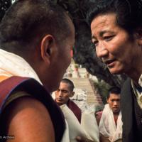 (15899_sl.tif) Lama Yeshe with Jampa Trinley, 1975. Kelsang Puntsog Rinpoche, the son of Lama Yeshe's old friend Jampa Trinley, was later recognized to be the reincarnation of Geshe Ngawang Gendun, one of Lama's teachers. In January 1975 he was enthroned at Kopan Monastery, Nepal, after which he became known to all as Yangsi Rinpoche.