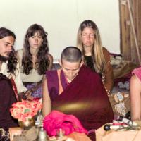 (15919_ng.tif) Sister Max Mathews, Anila Ann, and Nick Ribush doing puja. Gloria Searle is the brunette near the back wall. From the collection of images of Lama Yeshe, Lama Zopa Rinpoche and the Sangha during a month-long course at Chenrezig Institute, Australia, 1975