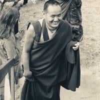 (15923_pr.psd) Lama Yeshe entering the gompa with Somdet Phra Nyanasamvara, abbot of Wat Bovoranives. From the collection of images of Lama Yeshe, Lama Zopa Rinpoche and the Sangha during a month-long course at Chenrezig Institute, Australia, 1975.