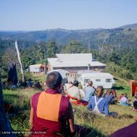 (15967_ng.tif) On Saka Dawa (the celebration of Buddha's birth, enlightenment, and death), Lama Yeshe asked everyone to come outside after a Guru Puja for a meditation on the hill behind the gompa. Chenrezig Institute, Australia, May 25, 1975. Photo by Wendy Finster.