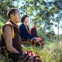 (15969_sl.JPG) Lama Yeshe, Beatrice Ribush, and Lama Zopa Rinpoche in meditation. On Saka Dawa (the celebration of Buddha's birth, enlightenment, and death), Lama Yeshe asked everyone to come outside after a Guru Puja for a meditation on the hill behind the gompa. Chenrezig Institute, Australia, May 25, 1975. Photo by Wendy Finster.