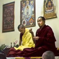 (15999_pr-3.psd) Lama Yeshe teaching with Lama Zopa Rinpoche at a two-week course at Louie-Bob Wood's Bodhicitta Center in Brown County, Indiana, 1975.