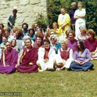 (16001_pr.psd) Retreat group, Indiana, 1975. In 1975, the lamas returned to Louie-Bob Wood's Bodhicitta Center in Brown County, Indiana, for a two-week course.