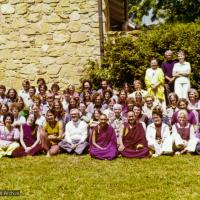 (16002_pr.psd) Retreat group, Indiana, 1975. In 1975, the lamas returned to Louie-Bob Wood's Bodhicitta Center in Brown County, Indiana, for a two-week course.