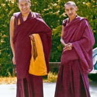 (16003_pr.psd) Lama Yeshe with Lama Zopa Rinpoche, Indiana, 1975. In 1975, the lamas returned to Louie-Bob Wood's Bodhicitta Center in Brown County, Indiana, for a two-week course.