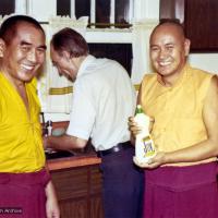 (16004_pr.psd) Geshe Sopa and Lama Yeshe, 1975. Between them doing dishes is Elvin Jones. The lamas spent a month in Madison, Wisconsin with Geshe Sopa, receiving teachings from him on the The Great Treatise on the Stages of the Path to Enlightenment (Lam-Rim Chenmo). Photo by George Propps.