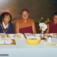 (16006_pr.psd) Geshe Gyeltsen (on the left) and the lamas at lunch, England, 23rd of Sept., 1975. The lamas invited an old friend from Buxa to lunch at the mill cottage. Geshe Tsultim Gyeltsen was now married and worked as a male nurse in a psychiatric hospital. Few realized that this quiet man with long hair was a Lharampa geshe.