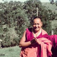 (16045_ng.tif) Lama Yeshe on the way to the Fire Puja at Chenrezig Institute, Australia, 1976.