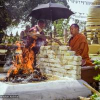 (16253_ng-3.TIF) Lama Yeshe doing fire offering, Bodhgaya, India, 1982. Dan Laine (photographer)