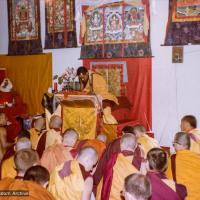 (16496_pr-3.tif) Lama Zopa Rinpoche teaching, Bodhgaya, India, 1982. Dan Laine (photographer)