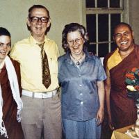 (16656_pr-3.psd) Connie's parents with Connie Miller and Lama Yeshe, California, 1978. Connie Miller (donor)