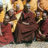 (16762_sl.tif) From the left: Angeles de la Torre (kneeling), Lama Zopa Rinpoche (seated front), Steve Malasky (Steve Pearl), Wendy Finster, HH Trijang Rinpoche (seated in chair), Thubten Pende (Jim Dougherty), Lama Yeshe, Dieter Kratzer.