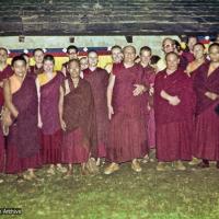 (16773_sl-3.psd) Group photo from the consecration of Inji Gompa, including from the left: Margaret McAndrew, Ven. Nawang, Nick Ribush, Losang Gyeltsen, Bonnie Rothenberg (Konchog Donma or KD), Ani Jenni, Angeles de la Torre, Spring Chokyi Livingston, Ani Ursula,  Tsenshab Serkong Rinpoche, Jeffrey Webster, Geshe Dhargyey, Mike Lewis, Glen Mullins, Geshe Jampa Tegchok, Dieter Kratzer, and Elizabeth Drukier. In 1976, the Sangha set about rebuilding some property in McLeod Ganj for retreat purpose