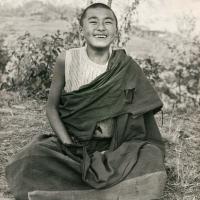 (16777_pr.psd) Thubten Monlam, a Mount Everest Center novice, Kopan Monastery, Nepal, 1976. Lama Yeshe sent photos of the MEC students all around the world and also took photos with him on tour in an attempt to raise funds for them. "Mummy" Max Mathews had a photo taken of each of them and had a group photo made into a poster.