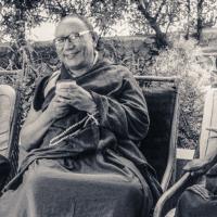 (16835_pr-3.psd) Lama Yeshe and Lama Zopa Rinpoche with Geshe Lobsang Thubten, Tushita-Delhi, India, 1983. Uldis Balodis (donor)