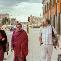 (17108_ng.TIF) Photos from a walk in Stockholm City in September of 1983 with Jeff Nye, Lama Yeshe's attendant, Gun Johansson, Katarina Wadstrom and Tomas Hagstrom and Anila Karin Valham, who invited Lama Yeshe to Sweden. Photos by Holger Hjorth.