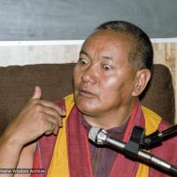 Click to view in our Image Gallery (17121_ng.TIF) Lama Yeshe was invited to Sweden for one week in September 1983. Here at Etnografiska Museet in Stockholm he gave a public teaching on Death, Intermediate State and Rebirth. Photos by Holger Hjorth.
