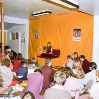 Click to view in our Image Gallery (17138_ng.TIF) Over one weekend at Barnens O on Vaddo in September of 1983, Lama Yeshe gave a meditation course which later was published in English called "Light of Dharma", translated into Swedish as "Lamas ljus". Photos by Holger Hjorth. You can read a transcript here: http://www.lamayeshe.com/index.php?sect=article&id=719