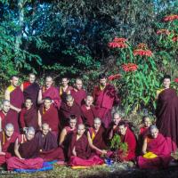 (17315_sl.psd) Back row: Peter Kedge, Adrian Feldmann (Thubten Gyatso), Max Redlich, Roger Kunsang, Claudio Cipullo, Marcel Bertels

Middle row: George Churinoff, JW- Jamyang Wangmo (aka Helly Pelaez or Jampa Chokyi), Anila Ann, Stefano Piovella, Helmut Hohm

Front row: Harry Sutton, Tova Kovachi, Bob Alcorn, Vicki Bischoff (Taylor),  Karin Valham, Andrea Antonetti, Thubten Pelgye (John Douthitt), Thubten Chodron (Cherry Greene), Julia Maria Busto, Franchino Morgante, Elisabeth Drukier stand