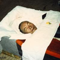Click to view in our Image Gallery (17364_pr.jpg) Lama Yeshe in his casket. A cycle of pujas were done for Lama Yeshe before the formal cremation, Vajrapani Institute, California, 1984. Photo by Ricardo de Aratanha.