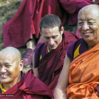 (17479_ng-3.psd) Lama Yeshe, Scott Brusso, and Serkong Rinpoche, Tenth Meditation course, Kopan Monastery, 1977. Jan-Paul Kool (photographer)