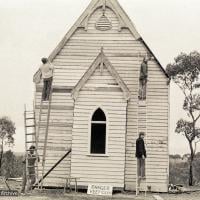 (17587_ng-3.psd) Construcion at Atisha Centre, a converted church in Sandhurst, Bendigo, Australia, 1981. Ian Green (photographer)