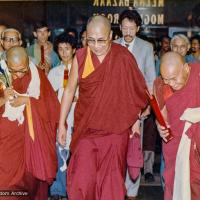 (18435_pr-3.psd) Lama Yeshe and Lama Zopa Rinpoche with H.H. 14th Dalai Lama at Third Dharma Celebration, Oberoi Hotel, New Delhi, India, 1983. Bill Kane (photographer)