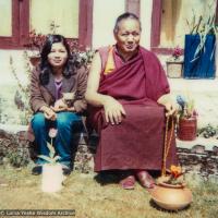 (18771_pr-3.psd) Jhamba Dolkar, Lama Yeshe and the chihuahua named Lama, Tushita Retreat Centre, Dharamsala, India. 1983.