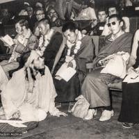 (18782_pr-3.psd) Lama Yeshe's first public speaking engagement at the International Yoga Conference in Delhi, India, 1970. Lama Zopa Rinpoche is in the centre, Lama Yeshe is to the left, Freda Bedi is at far right. On the far left is Terry Clifford. In the row behind the lamas is Piero Cerri and Claudio Cipullo.