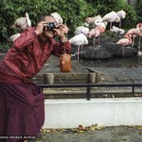 Lama Yeshe taking photos of people taking photos at the zoo in Amsterdam, 1980. Photo by Jan-Paul Kool.