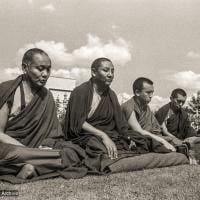 (20970_ng-3.psd) Lama Yeshe, Geshe Tegchok, Jamyang Rinpoche, and Lama Zopa Rinpoche at Manjushri Institute, England, 1979. Brian Beresford (photographer)