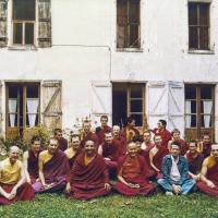 (21141_pr-3.psd) International Mahayana Institute Sangha, Nalanda Monastery, Lavaur, France, 1983. Photo includes  Adrian Feldmann (Thubten Gyatso), Chodron Thubten (Cherry Greene), Dieter Kratzer, Lama Yeshe, Merry Colony, Sangye Khadro (Kathleen McDonald), Geshe Jampa Tegchok. Included in the photo a local priest, Father Bastiani, wearing blue.