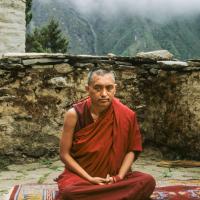 Lama Zopa Rinpoche at Lawudo Retreat Centre, Nepal, 1990. Photo: Merry Colony