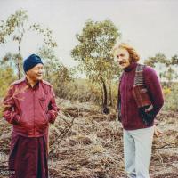 (22028_pr-3.psd) Lama Yeshe with Garrey Foulkes on the land for Atisha Centre, Bendigo, Australia, 1981.