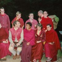 Click to view in our Image Gallery (22036_pr.tif) Sangha photo after the cremation of Lama Yeshe at Vajrapani Institute, California in March of 1984. Photo includes, Robina Courtin, Peter Kedge, Max Mathews, Anila Ann, Helly Pelaez aka Jampa Chokyi (aka Jamyang Wangmo), Nick Ribush, Pelgye, Harry Sutton, Bob Alcorn and Wendy Finster. Photo by Jeff Nye.