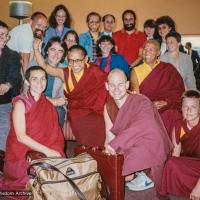 Click to view in our Image Gallery (22037_pr-3.psd) Students and sangha seeing Lama Zopa Rinpoche off at the airport after the cremation of Lama Yeshe, Vajrapani Institute, California, 1984. Photo includes Robina Courtin, Jeff Nye, Paul Bourke, Helly Pelaez aka Jampa Chökyi (aka Jamyang Wangmo), Thubten Pelgye, Wendy Finster, Geshe Thinley, Yeshe Khadro (Marie Obst), Paula de Wys, Nick Ribush, Chuck Thomas, Sarah Thresher, Gun Johansson, and Tom Waggoner. Ricardo de Aratanha (photographer)