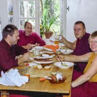 (22169_ng-3.tif) Jimi Neal, Adrian Feldmann (Thubten Gyatso), Hermes Brandt, Carol Davies, Nalanda Monastery, Lavaur, France, 1981.